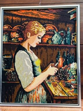 Handcrafted Completed Cross Stitch GirlPeeling Potato (Brown, Green, Cream)